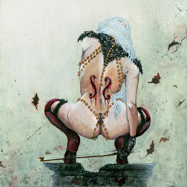 Opera in acquerello della serie/trittico "The Cello Andante". "Lamento": qui rappresentata una misteriosa donna di spalle accovacciata su un altare, postura e corpo sinuoso che ricorda un violncello, con in mano l'archetto di un violoncello. Sulla schiena incise sanguinanti "effe" su pelle. Capelli lunghi bianchi al vento, collana in pizzo nero e perle dorate decorano il suo corpo nudo. Foglie danzano attorno a lei, sfondo un cielo verdastro - Stefania Russo, aka Illusorya - Dark Gothic Fantasy Art
