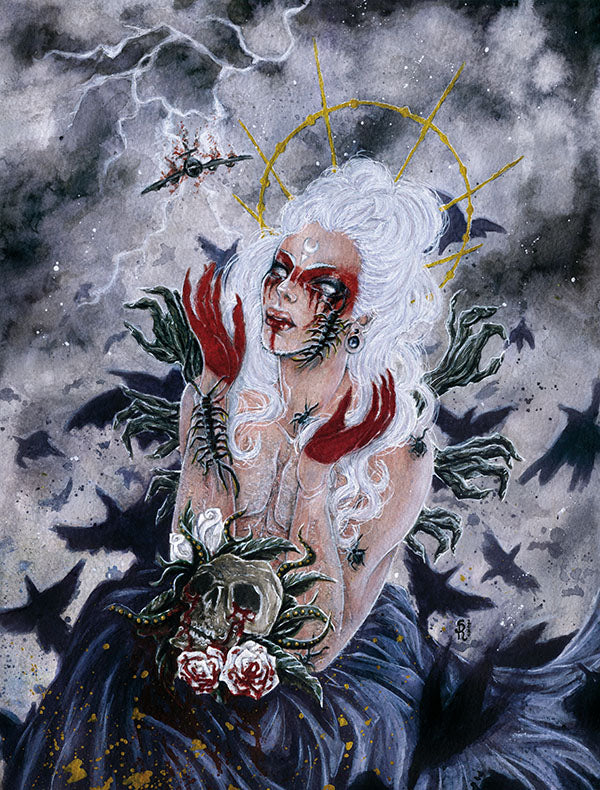 Foto listino esempio di commissione in acquerello - Illustrazione per 78 Tarot "Elemental" mazzo. Opera: "Il giudizio" - Stefania Russo, aka Illusorya - Dark Gothic Fantasy Art