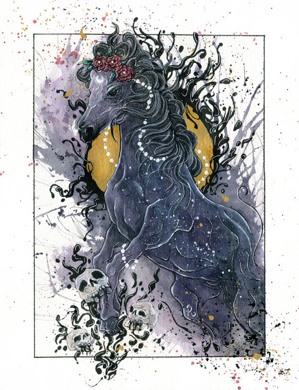 Foto listino esempio di commissione in sketch in acquerello - Ritratto di un cavallo per Erica Kochy "Running wild!" - Stefania Russo, aka Illusorya - Dark Gothic Fantasy Art