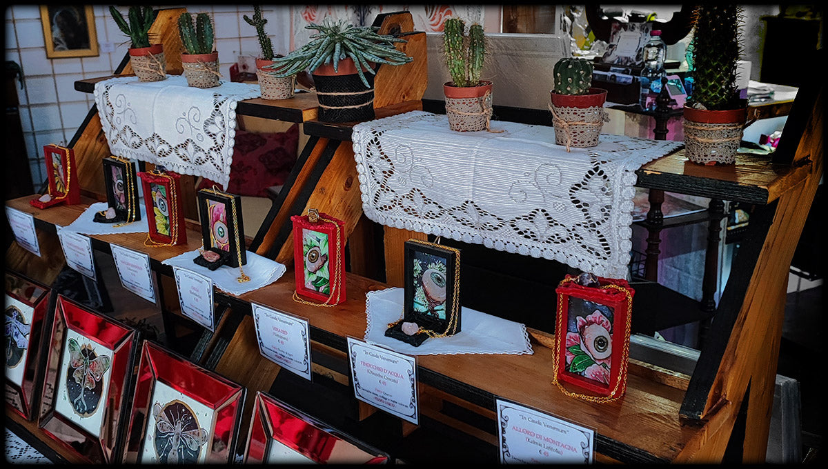 Foto panoramica dell'atelier situato a Divignano (Novara, Italia) - Su degli scaffali in legno, piccoli dipinti incorniciati in tecnica mista acquerello della collezione "In Cauda Venemum", che rappresentano fiori velenosi decorati con un bulbo oculare. Nella cornice incastonata una collana con pietra naturale. Piantine grasse a decorare la scaffalatura - Stefania Russo, aka Illusorya - Dark Gothic Fantasy Art