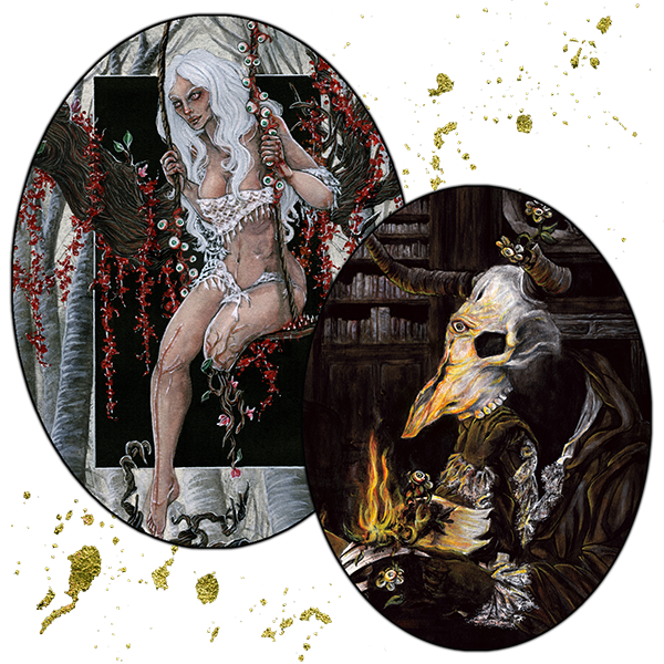 Foto listino esempio di commissione ritratto con sfondo semplice o dettagliato in acquerello - Stefania Russo, aka Illusorya - Dark Gothic Fantasy Art