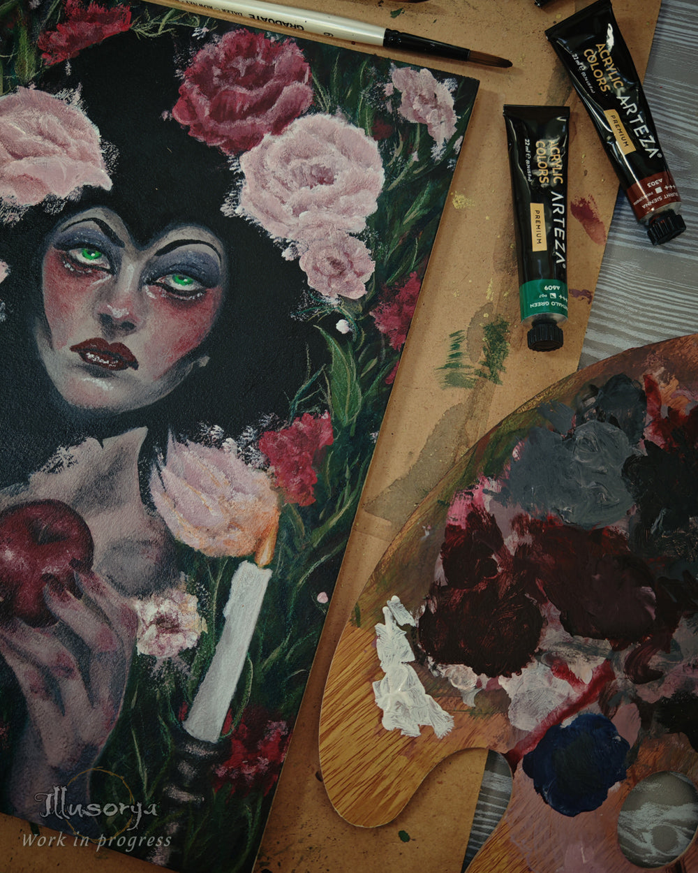 Foto work in progress ancora da ultimare, dell'opera in acrilico che rappresenta la matrigna di Biancaneve - Stefania Russo, aka Illusorya - Dark Gothic Fantasy Art