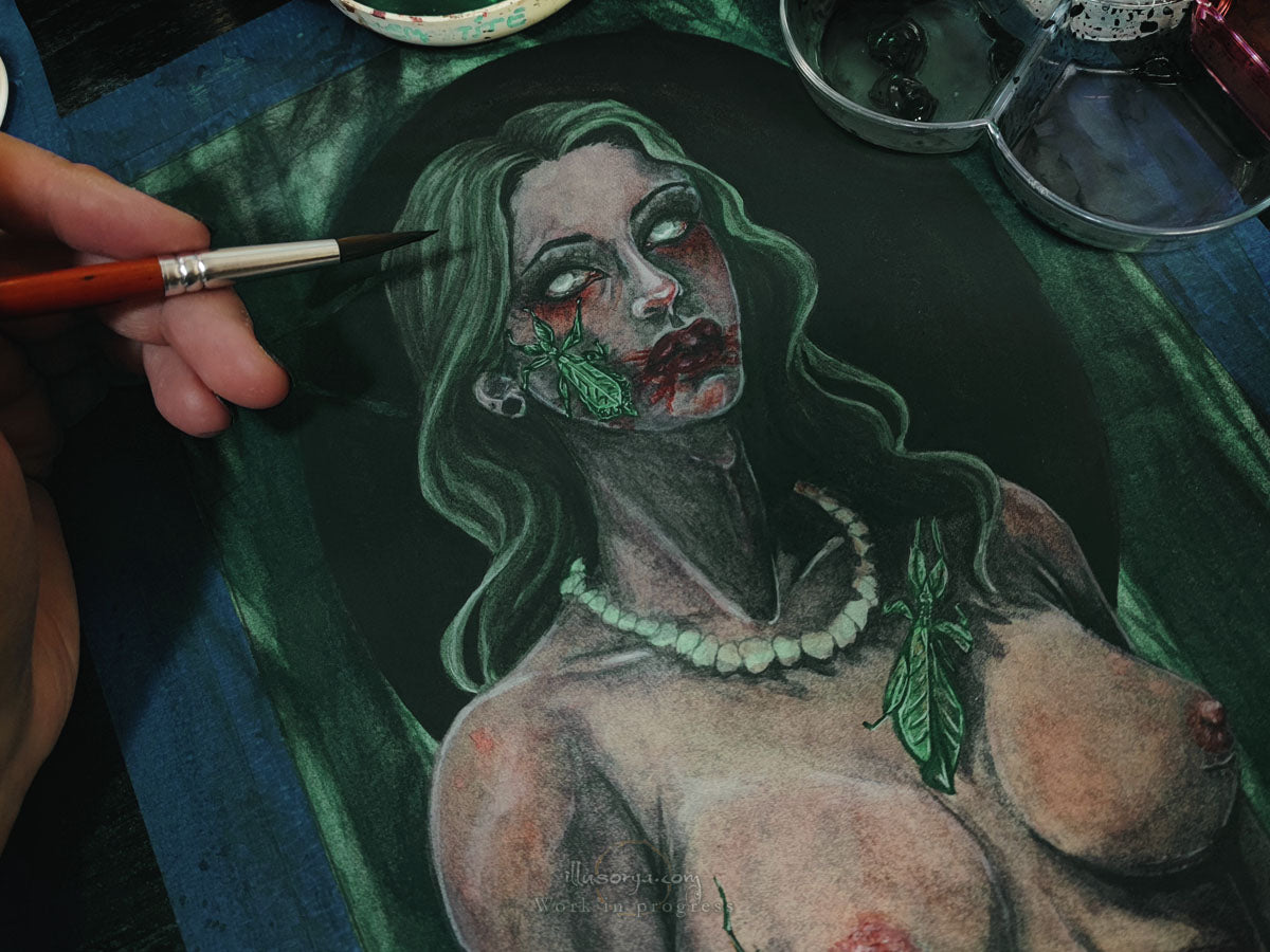 Cover banner pagina "Chi sono" - Foto work in progress dell'opera in acquerello "Melancholy loves to wear her red necklace", che rappresenta una donna transgender dai capelli verdi a petto nudo che indossa una collana di pietre rosse; insetti foglia Phasmatodea camminano su di lei - Stefania Russo, aka Illusorya - Dark Gothic Fantasy Art
